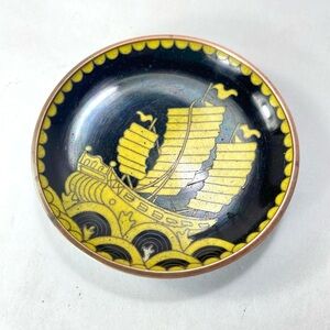 Cloisonné Dragon Boat Inlay Enamel Yellow Black Brass Small Trinket Plate Dish